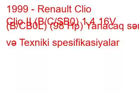 1999 - Renault Clio
Clio II (B/C/SB0) 1.4 16V (B/CB0L) (98 Hp) Yanacaq sərfi və Texniki spesifikasiyalar