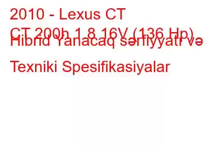 2010 - Lexus CT
CT 200h 1.8 16V (136 Hp) Hibrid Yanacaq sərfiyyatı və Texniki Spesifikasiyalar