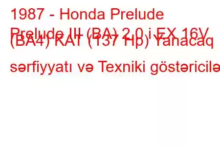 1987 - Honda Prelude
Prelude III (BA) 2.0 i EX 16V (BA4) KAT (137 Hp) Yanacaq sərfiyyatı və Texniki göstəricilər