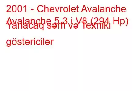 2001 - Chevrolet Avalanche
Avalanche 5.3 i V8 (294 Hp) Yanacaq sərfi və Texniki göstəricilər