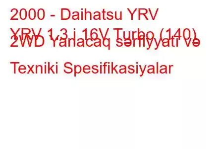 2000 - Daihatsu YRV
YRV 1.3 i 16V Turbo (140) 2WD Yanacaq sərfiyyatı və Texniki Spesifikasiyalar