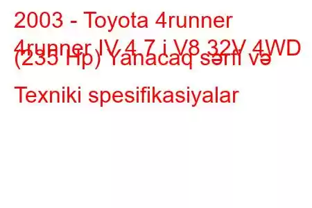 2003 - Toyota 4runner
4runner IV 4.7 i V8 32V 4WD (235 Hp) Yanacaq sərfi və Texniki spesifikasiyalar