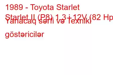 1989 - Toyota Starlet
Starlet II (P8) 1.3 i 12V (82 Hp) Yanacaq sərfi və Texniki göstəricilər