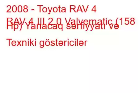 2008 - Toyota RAV 4
RAV 4 III 2.0 Valvematic (158 Hp) Yanacaq sərfiyyatı və Texniki göstəricilər