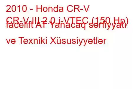 2010 - Honda CR-V
CR-V III 2.0 i-VTEC (150 Hp) facelift AT Yanacaq sərfiyyatı və Texniki Xüsusiyyətlər