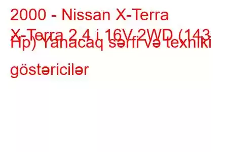 2000 - Nissan X-Terra
X-Terra 2.4 i 16V 2WD (143 Hp) Yanacaq sərfi və texniki göstəricilər