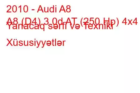 2010 - Audi A8
A8 (D4) 3.0d AT (250 Hp) 4x4 Yanacaq sərfi və Texniki Xüsusiyyətlər