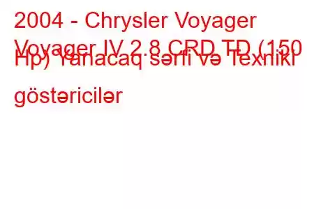 2004 - Chrysler Voyager
Voyager IV 2.8 CRD TD (150 Hp) Yanacaq sərfi və Texniki göstəricilər