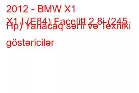 2012 - BMW X1
X1 I (E84) Facelift 2.8i (245 Hp) Yanacaq sərfi və Texniki göstəricilər