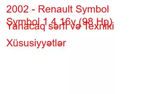 2002 - Renault Symbol
Symbol 1.4 16v (98 Hp) Yanacaq sərfi və Texniki Xüsusiyyətlər