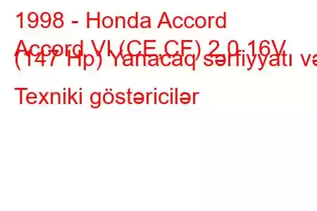 1998 - Honda Accord
Accord VI (CE,CF) 2.0 16V (147 Hp) Yanacaq sərfiyyatı və Texniki göstəricilər