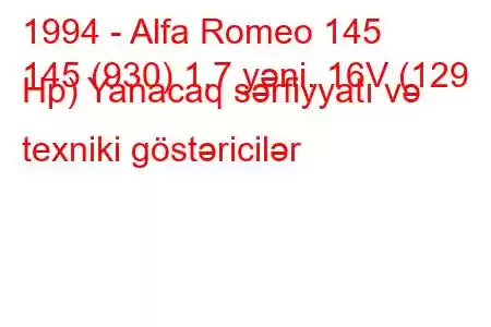 1994 - Alfa Romeo 145
145 (930) 1.7 yəni. 16V (129 Hp) Yanacaq sərfiyyatı və texniki göstəricilər