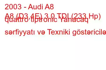 2003 - Audi A8
A8 (D3,4E) 3.0 TDI (233 Hp) quattro tiptronic Yanacaq sərfiyyatı və Texniki göstəricilər