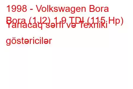 1998 - Volkswagen Bora
Bora (1J2) 1.9 TDI (115 Hp) Yanacaq sərfi və Texniki göstəricilər