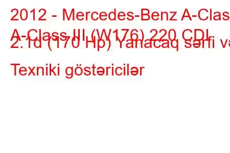 2012 - Mercedes-Benz A-Class
A-Class III (W176) 220 CDI 2.1d (170 Hp) Yanacaq sərfi və Texniki göstəricilər