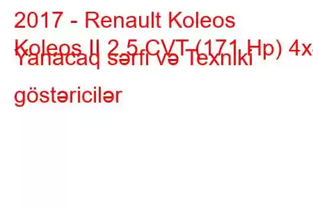 2017 - Renault Koleos
Koleos II 2.5 CVT (171 Hp) 4x4 Yanacaq sərfi və Texniki göstəricilər