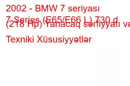 2002 - BMW 7 seriyası
7 Series (E65/E66 L) 730 d (218 Hp) Yanacaq sərfiyyatı və Texniki Xüsusiyyətlər