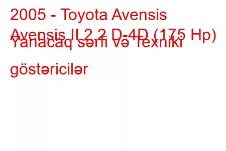 2005 - Toyota Avensis
Avensis II 2.2 D-4D (175 Hp) Yanacaq sərfi və Texniki göstəricilər