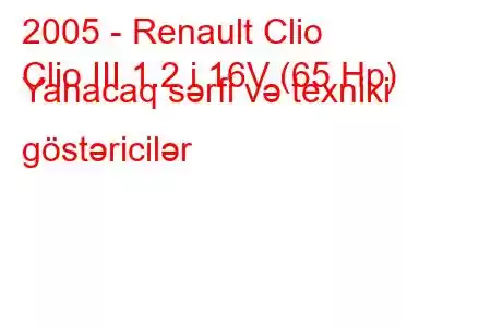 2005 - Renault Clio
Clio III 1.2 i 16V (65 Hp) Yanacaq sərfi və texniki göstəricilər