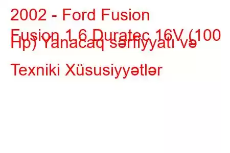 2002 - Ford Fusion
Fusion 1.6 Duratec 16V (100 Hp) Yanacaq sərfiyyatı və Texniki Xüsusiyyətlər