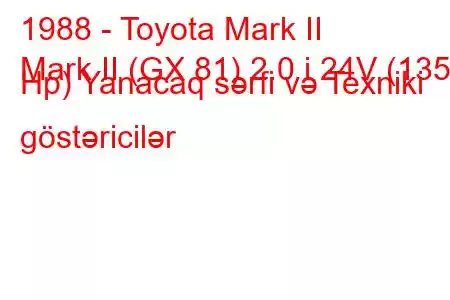 1988 - Toyota Mark II
Mark II (GX 81) 2.0 i 24V (135 Hp) Yanacaq sərfi və Texniki göstəricilər