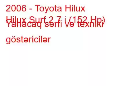 2006 - Toyota Hilux
Hilux Surf 2.7 i (152 Hp) Yanacaq sərfi və texniki göstəricilər