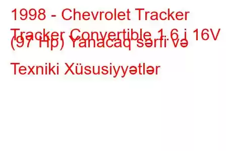 1998 - Chevrolet Tracker
Tracker Convertible 1.6 i 16V (97 Hp) Yanacaq sərfi və Texniki Xüsusiyyətlər