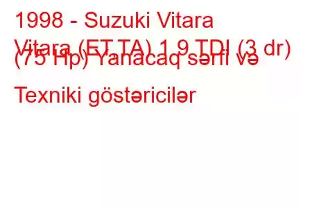 1998 - Suzuki Vitara
Vitara (ET,TA) 1.9 TDI (3 dr) (75 Hp) Yanacaq sərfi və Texniki göstəricilər