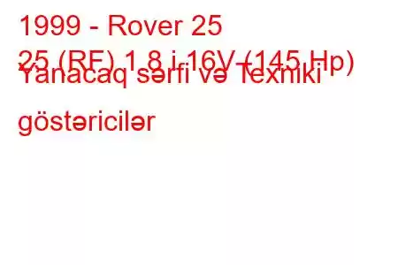 1999 - Rover 25
25 (RF) 1.8 i 16V (145 Hp) Yanacaq sərfi və Texniki göstəricilər