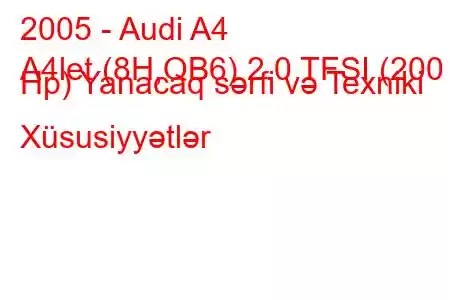 2005 - Audi A4
A4let (8H,QB6) 2.0 TFSI (200 Hp) Yanacaq sərfi və Texniki Xüsusiyyətlər