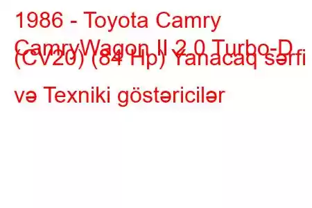 1986 - Toyota Camry
CamryWagon II 2.0 Turbo-D (CV20) (84 Hp) Yanacaq sərfi və Texniki göstəricilər