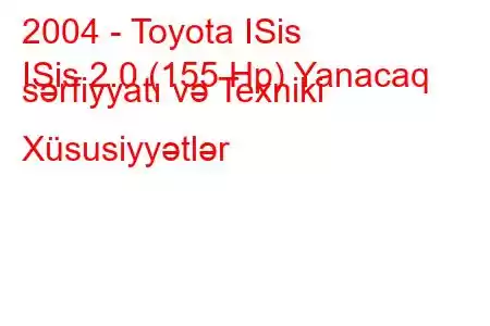 2004 - Toyota ISis
ISis 2.0 (155 Hp) Yanacaq sərfiyyatı və Texniki Xüsusiyyətlər