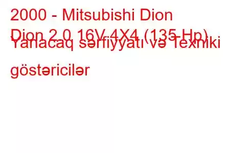 2000 - Mitsubishi Dion
Dion 2.0 16V 4X4 (135 Hp) Yanacaq sərfiyyatı və Texniki göstəricilər