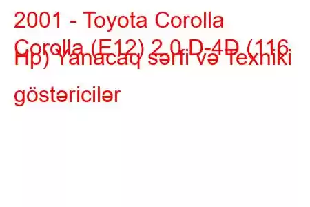 2001 - Toyota Corolla
Corolla (E12) 2.0 D-4D (116 Hp) Yanacaq sərfi və Texniki göstəricilər