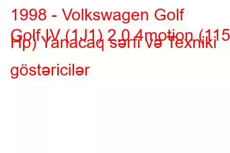 1998 - Volkswagen Golf
Golf IV (1J1) 2.0 4motion (115 Hp) Yanacaq sərfi və Texniki göstəricilər