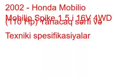 2002 - Honda Mobilio
Mobilio Spike 1.5 i 16V 4WD (110 Hp) Yanacaq sərfi və Texniki spesifikasiyalar