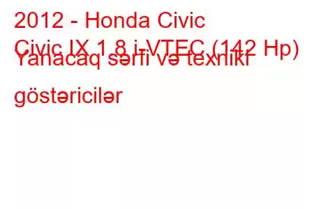 2012 - Honda Civic
Civic IX 1.8 i-VTEC (142 Hp) Yanacaq sərfi və texniki göstəricilər