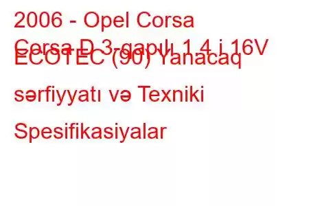 2006 - Opel Corsa
Corsa D 3-qapılı 1.4 i 16V ECOTEC (90) Yanacaq sərfiyyatı və Texniki Spesifikasiyalar