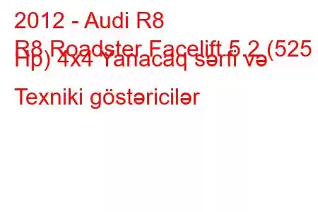 2012 - Audi R8
R8 Roadster Facelift 5.2 (525 Hp) 4x4 Yanacaq sərfi və Texniki göstəricilər