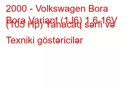 2000 - Volkswagen Bora
Bora Variant (1J6) 1.6 16V (105 Hp) Yanacaq sərfi və Texniki göstəricilər