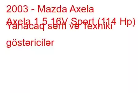 2003 - Mazda Axela
Axela 1.5 16V Sport (114 Hp) Yanacaq sərfi və Texniki göstəricilər