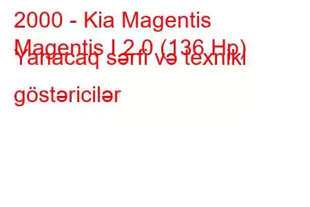 2000 - Kia Magentis
Magentis I 2.0 (136 Hp) Yanacaq sərfi və texniki göstəricilər