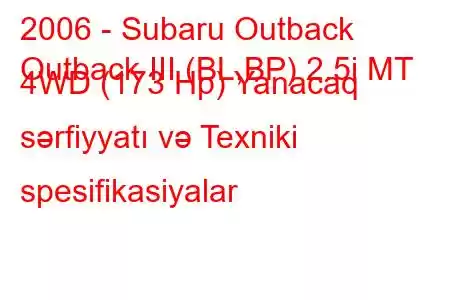 2006 - Subaru Outback
Outback III (BL,BP) 2.5i MT 4WD (173 Hp) Yanacaq sərfiyyatı və Texniki spesifikasiyalar