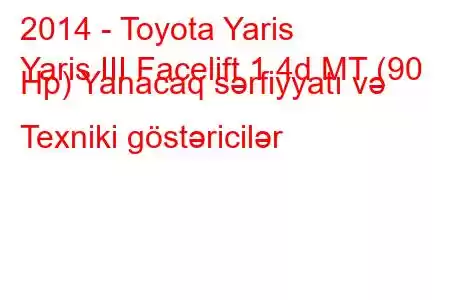 2014 - Toyota Yaris
Yaris III Facelift 1.4d MT (90 Hp) Yanacaq sərfiyyatı və Texniki göstəricilər