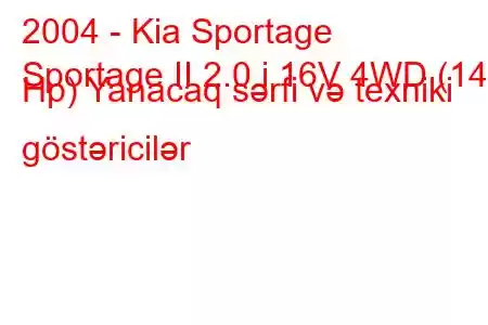 2004 - Kia Sportage
Sportage II 2.0 i 16V 4WD (142 Hp) Yanacaq sərfi və texniki göstəricilər