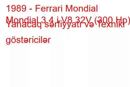 1989 - Ferrari Mondial
Mondial 3.4 i V8 32V (300 Hp) Yanacaq sərfiyyatı və Texniki göstəricilər