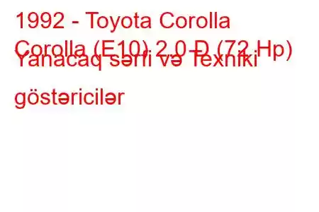 1992 - Toyota Corolla
Corolla (E10) 2.0 D (72 Hp) Yanacaq sərfi və Texniki göstəricilər