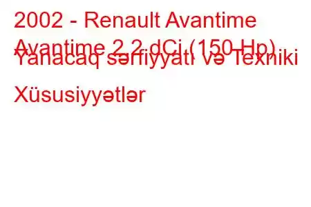 2002 - Renault Avantime
Avantime 2.2 dCi (150 Hp) Yanacaq sərfiyyatı və Texniki Xüsusiyyətlər