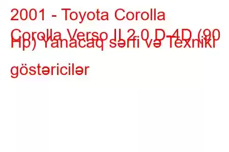 2001 - Toyota Corolla
Corolla Verso II 2.0 D-4D (90 Hp) Yanacaq sərfi və Texniki göstəricilər