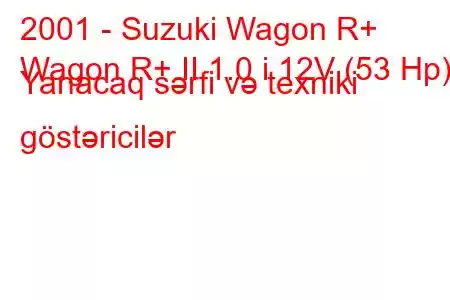 2001 - Suzuki Wagon R+
Wagon R+ II 1.0 i 12V (53 Hp) Yanacaq sərfi və texniki göstəricilər